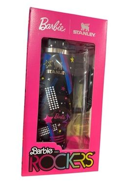 Barbie Rocker Stanley Black Tumbler with Pink, Blue, Yellow & White Star Design